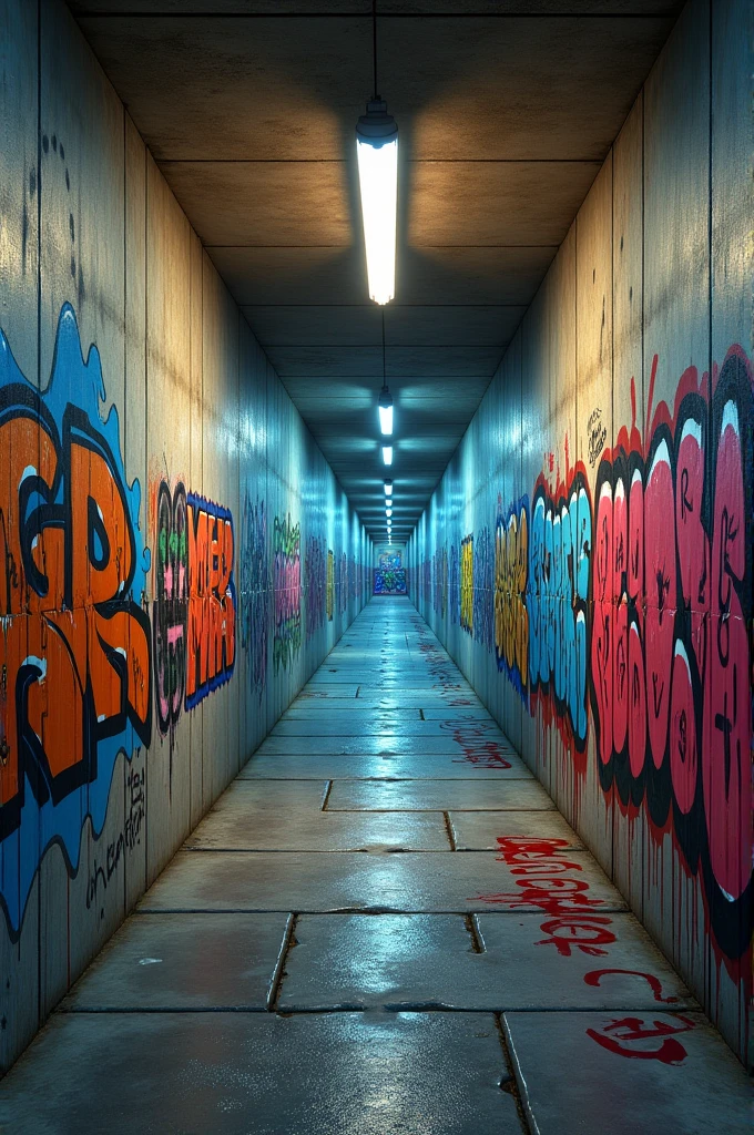 Hành lang hầm bê tông buổi tối bị sơn đầu ảnh graffiti, siêu thực