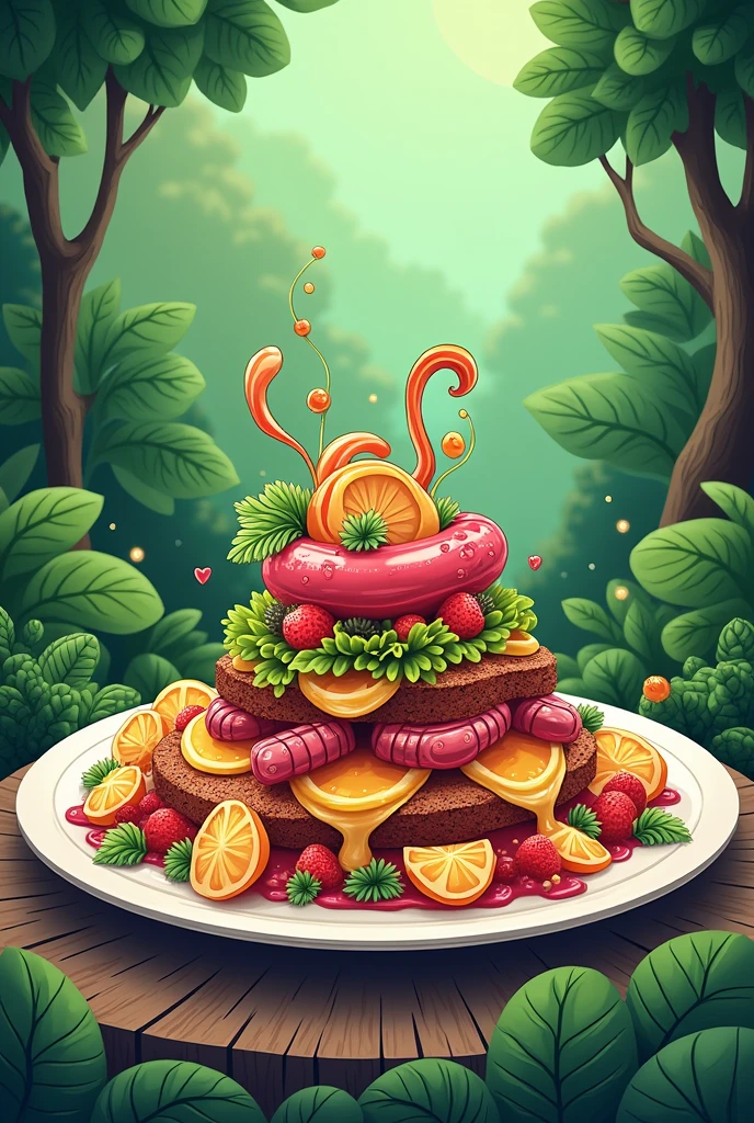 I want an image with green colors, that in the center you can see a plate of food from some extravagant recipe, and it has a cartoon style