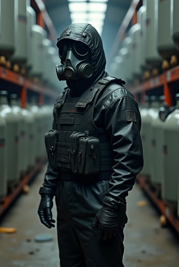 Man wearing a black hazmat suit, a ballistic-vest and a gas mask. Storage area scenery with gray UF⁶ gas containers behind.