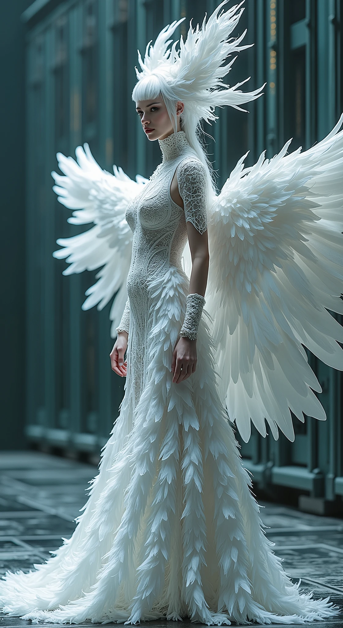 Close-up of a woman in a white dress with wings, Angel all over, Futuristic robot angel, Amazing angel wings, Angel Knight Gothic Girl, Angel in plastic armor, Intricate costume design, As the mysterious Valkyrie, Its whole body is made of white feathers,, Futuristic and fantastical, White Wings, Beautiful angel wings, Steampunk Angel, Beautiful cyborg angel girl, Graceful Wings