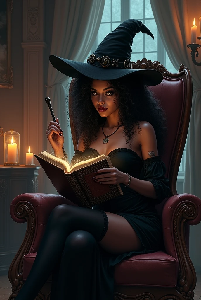 Dark skin female gothic with a witch hat and wearing a black dress and black thigh highs, holding a wand while holding a spell book while sitting in the living room.