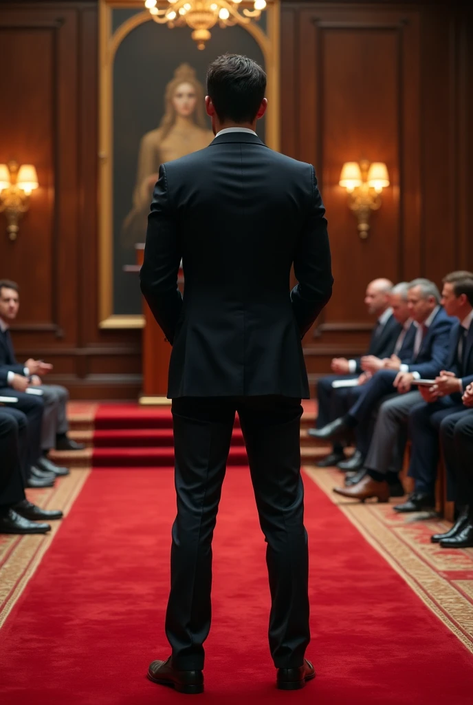 A young Chief Managing Director addressing his board members,where he stands there are red carpets exquisite ones,he also speaks on a podium/platform written Scott Business Foundation more professional I don't want anybody to block hom