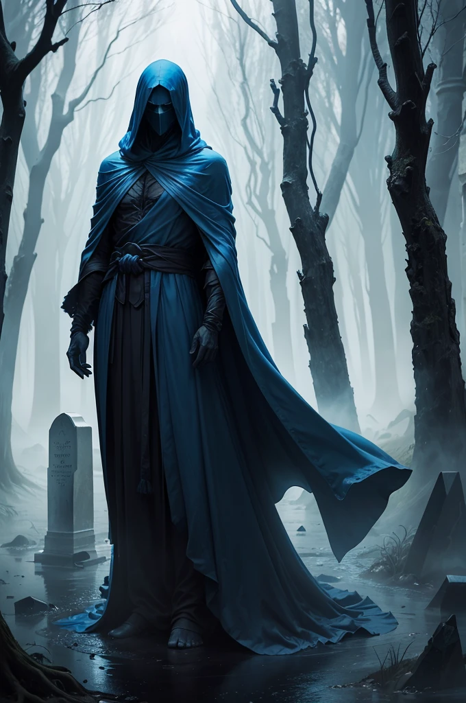 A faceless, ghostly figure draped in flowing, translucent blue robes, standing upright and facing forward. The figure has no discernible face, only darkness under its hood, and appears ethereal, with its robes shimmering faintly in the deep blue light. It floats slightly above the ground in a misty, ancient cemetery, surrounded by weathered tombstones and twisted, leafless trees. The figure's gaze is fixed forward, creating a haunting, unsettling presence. The dark blue mist swirls around its feet, and the entire scene is dominated by shadows and an eerie glow, enhancing the spectral, otherworldly atmosphere."