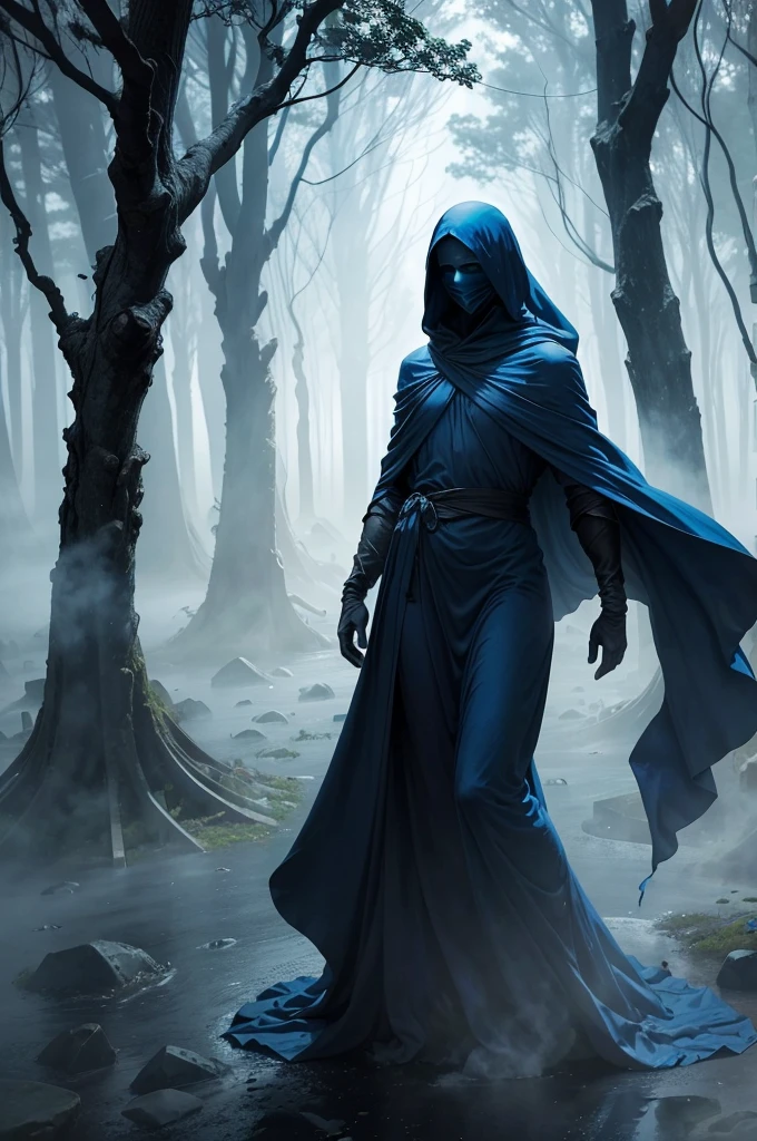 A faceless, ghostly figure draped in flowing, translucent blue robes, standing upright and facing forward. The figure has no discernible face, only darkness under its hood, and appears ethereal, with its robes shimmering faintly in the deep blue light. It floats slightly above the ground in a misty, ancient cemetery, surrounded by weathered tombstones and twisted, leafless trees. The figure's gaze is fixed forward, creating a haunting, unsettling presence. The dark blue mist swirls around its feet, and the entire scene is dominated by shadows and an eerie glow, enhancing the spectral, otherworldly atmosphere."