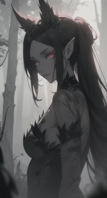 Foggy Forest, ancient female creature, dark silhouette, fairy shadow figure, red eyes, eyes in the fog, rotting, looking dead, torn wings,