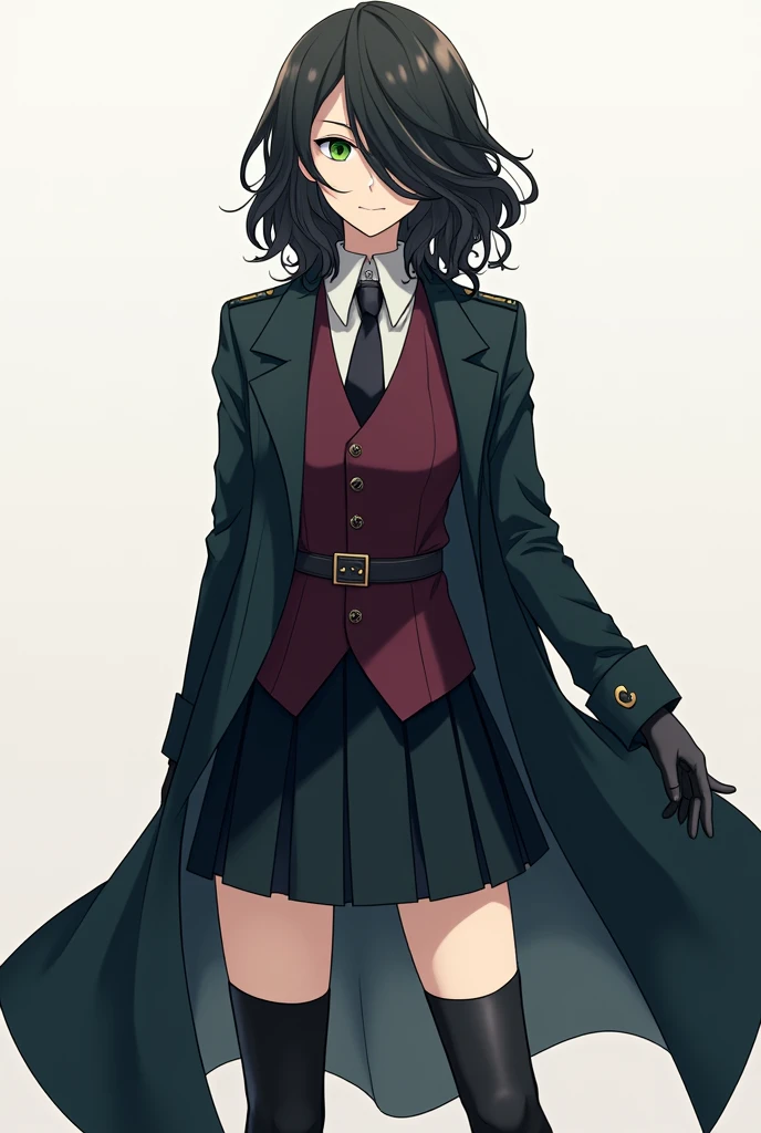 A female character in the style of drawing from the anime bungou stray dogs. Serene appearance, elegant that reflects intelligence and maturity, hair down to below the shoulders, wavy and dark, black, with an asymmetrical hairstyle that partially covers one side of her face, Her right eye is covered by her hair. His eyes are a deep green color. He is wearing black clothing that includes a long, dark trench coat., with long sleeves and shorts NO SKIRT. The trench coat has a belt tied at the waist., that fastens in the front. He has a white button-down shirt and a small, wine-red, closed vest.. He wears gloves and knee-high boots and a tie., los tres black. The posture and facial expression suggest that she is ready for a battle or quick action.. She is tall and serious.
