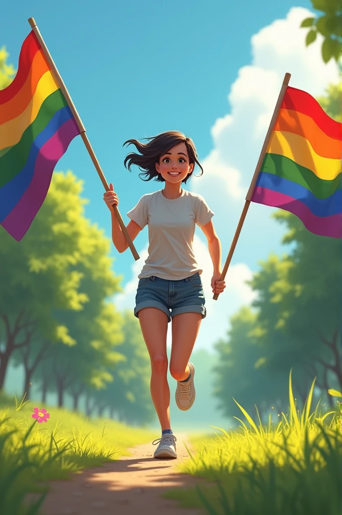 Make a  woman running with lesbian flags 