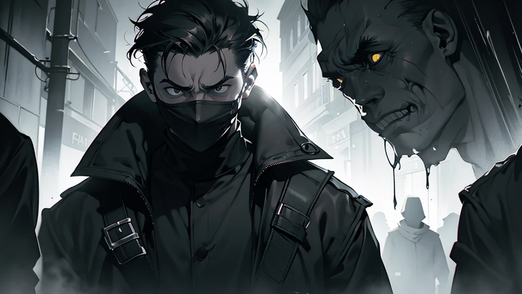 a man with highlighted fear, expression of despair, eyes wide, mouth taped shut, feeling of panic and suffocation, holding the head, crowd around without their mouths covered, (best quality,4k,8k,highres,masterpiece:1.2),ultra-detailed,(,, dramatic lighting, chiaroscuro, cinematic, dark moody atmosphere, high contrast, gritty, intense emotion, psychological horror