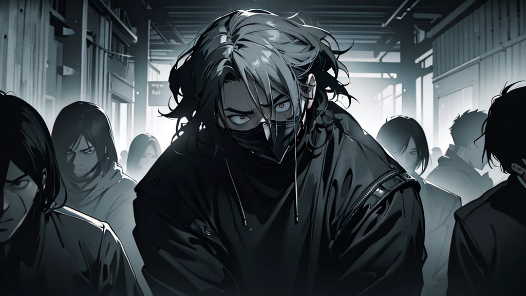 a man with highlighted fear, expression of despair, eyes wide, mouth taped shut, feeling of panic and suffocation, holding the head, crowd around without their mouths covered, (best quality,4k,8k,highres,masterpiece:1.2),ultra-detailed,(,, dramatic lighting, chiaroscuro, cinematic, dark moody atmosphere, high contrast, gritty, intense emotion, psychological horror