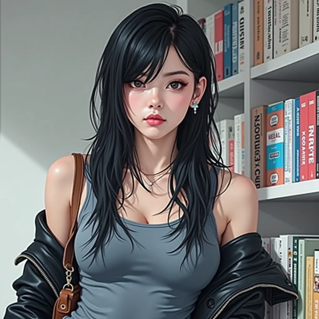 1girl wearing a black leather jacket with a black wolfcut hair portrait