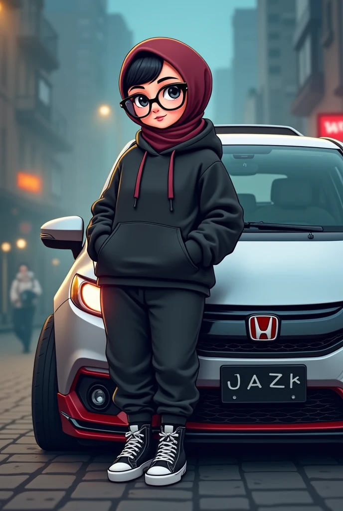 cute, large chubby fat girl with glasses, maroon hijab, black hoodie, jogger pants. black white hi-cut vans shoes, leaning on modified silver honda jazz gk5 rs 2018 model, in a foggy weather at night. cartoon.