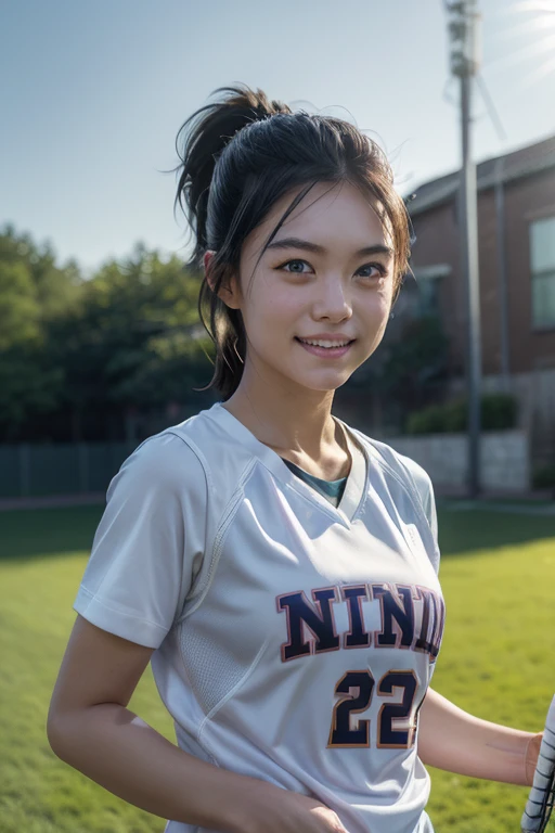 (8k, RAW photo, best quality, masterpiece), (photorealistic), outstanding details, ultra-high resolution, anatomically correct, textured skin, (Extremely precise and accurate anatomy),
Ultra Detailed Face, Detailed Eyes, 

(Cute Japanese girl), 
Lacrosse player, tanned skin, smiling face, holding Lacrosse stick, Running, Ponytail, Field lacrosse, 
Medium Breast, 

(backlighting), 
reflection light, 
atmospheric perspective, depth of field, 
(dramatic lighting), cinematic lighting, 