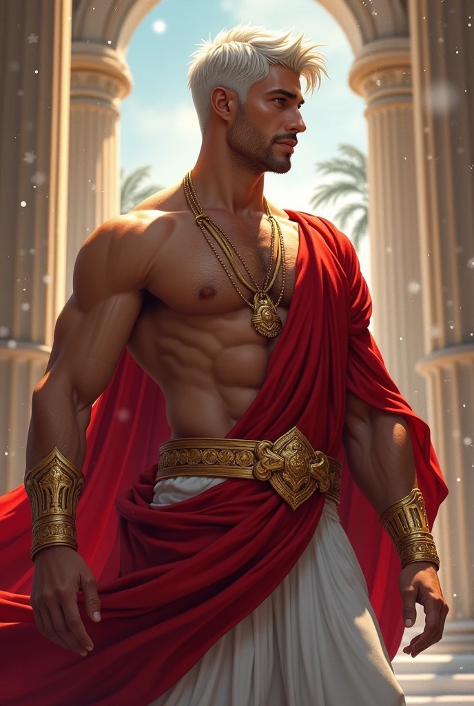 ((artwork)) ((body completo)) ((30 year old man)) body: brownish skin, high, muscular, ((body hair)) ((platinum ruby hair)) male face, barba, beautiful eyes, detailed eyes ((Gold colored eyes)). Expression: Seductive, sonrisa Seductive. CLOTHES: Red Greek Cape, TOGA BLANCA, Gold ornaments, greek prince ornaments. pose: dynamic. scene: greek temple, Greek columns. Decor: winter, decoración de winter brillante, Wonderful lighting.