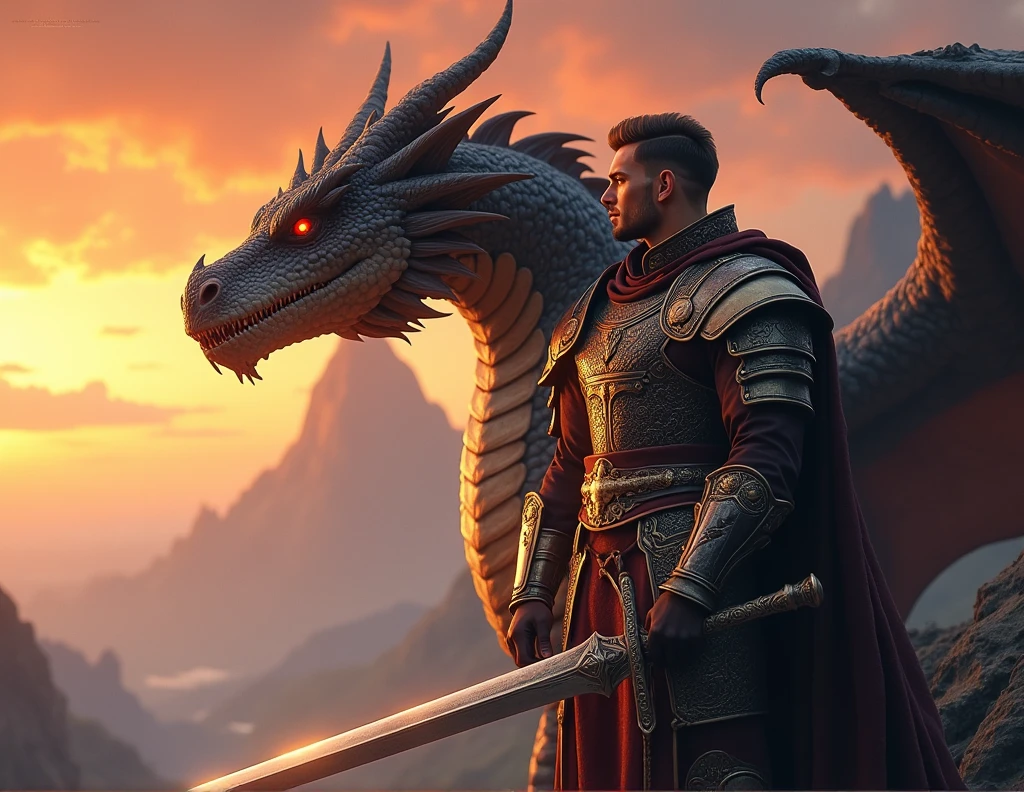 Create an image of a warrior with his dragon 