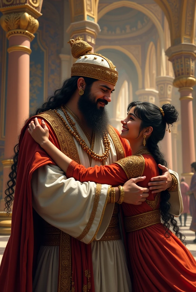 A vizier giving work to two viziers who are happy and hugging each other
