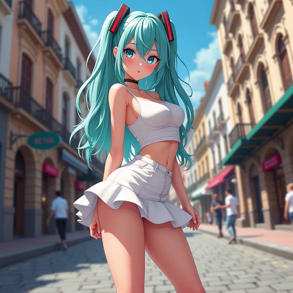 Create the same image of a single beautiful anime girl of 2 with white skin and aqua blue hair color with blue eyes with a white miniskirt all flirtatious showing the most sensual poses in the city of Buenos Aires.