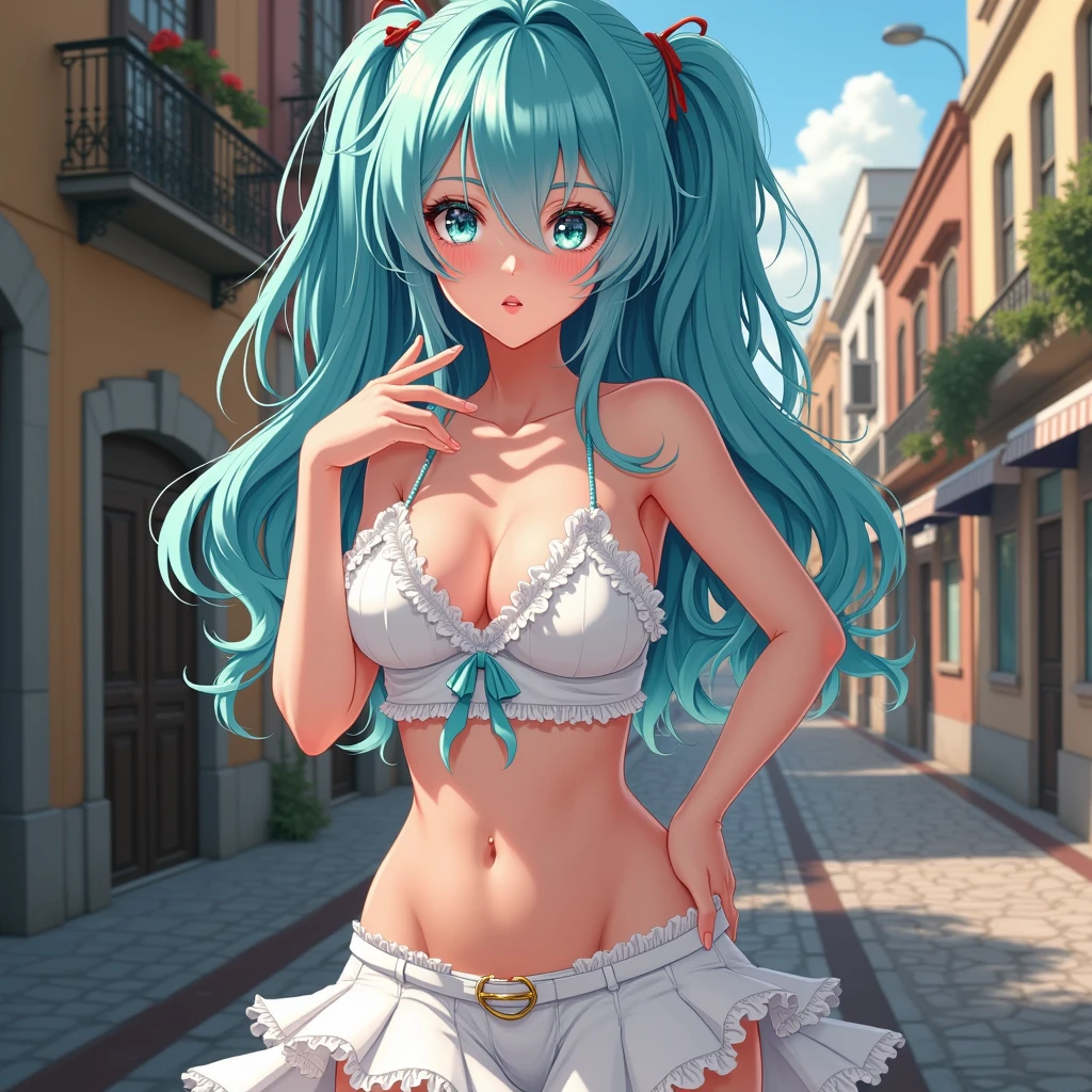 Create the same image of a single beautiful anime girl of 2 with white skin and aqua blue hair color with blue eyes with a white miniskirt all flirtatious showing the most sensual poses in the city of Buenos Aires.