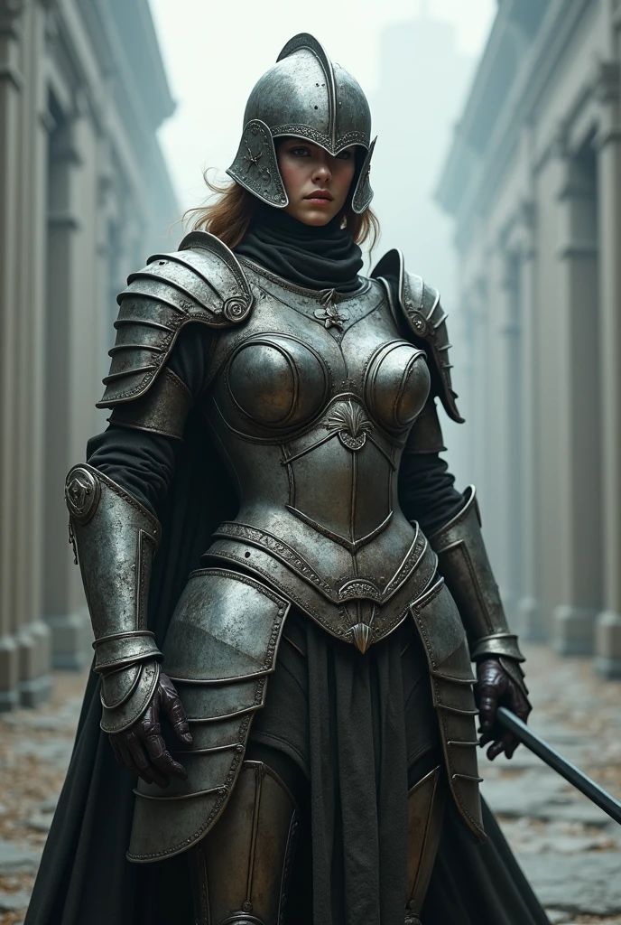 Make a woman wear full armor and a helmet covering her face with large breasts