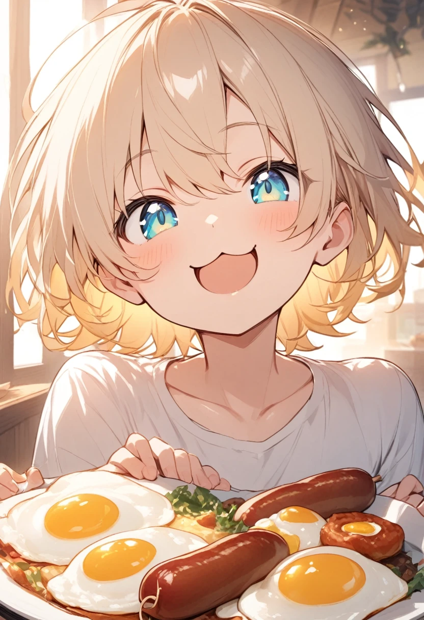 Fried Eggs, sausage, His eyes lit up when he saw the fried eggs, :3, His happy face, so cute