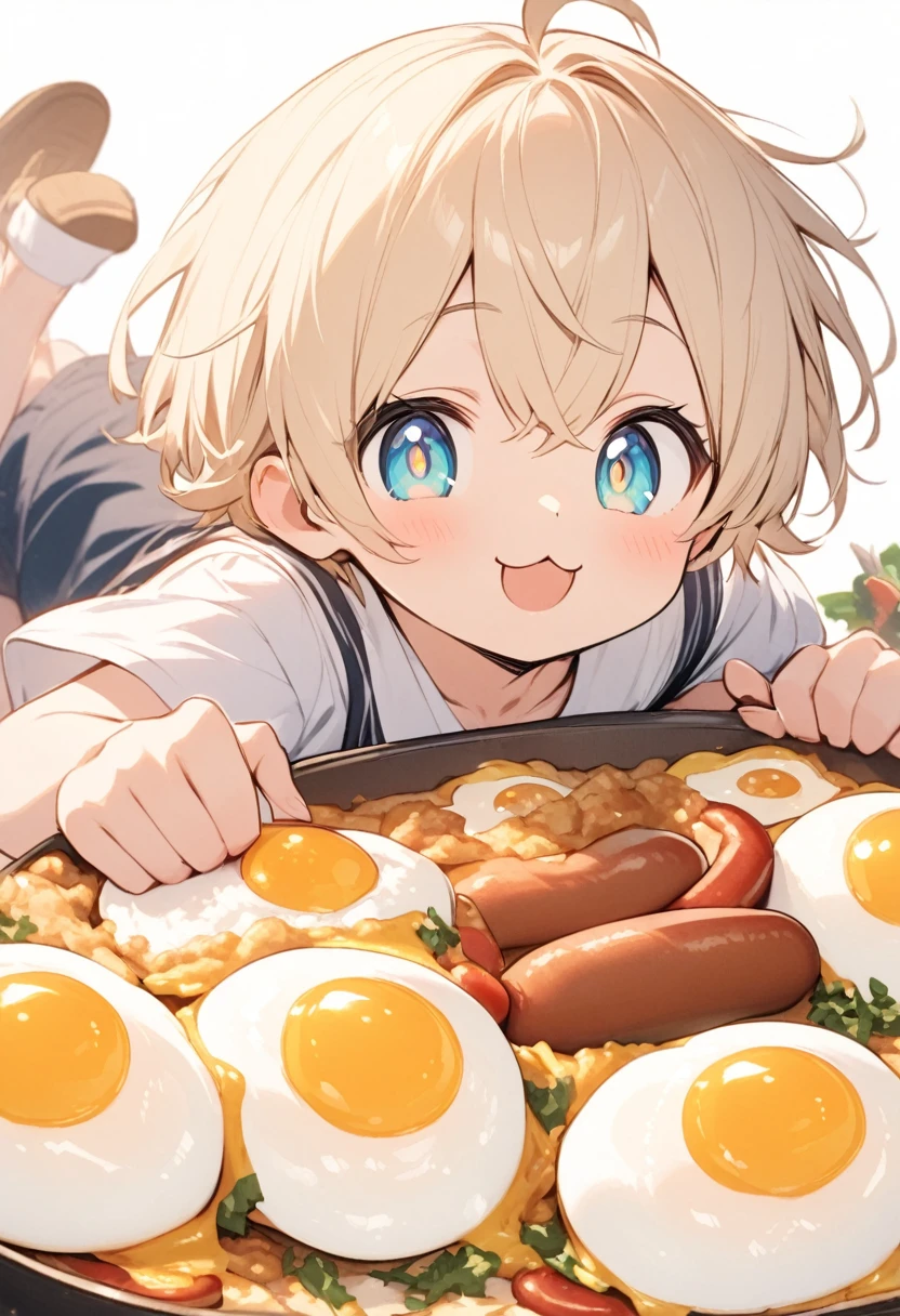 Fried Eggs, sausage, His eyes lit up when he saw the fried eggs, :3, His happy face, so cute