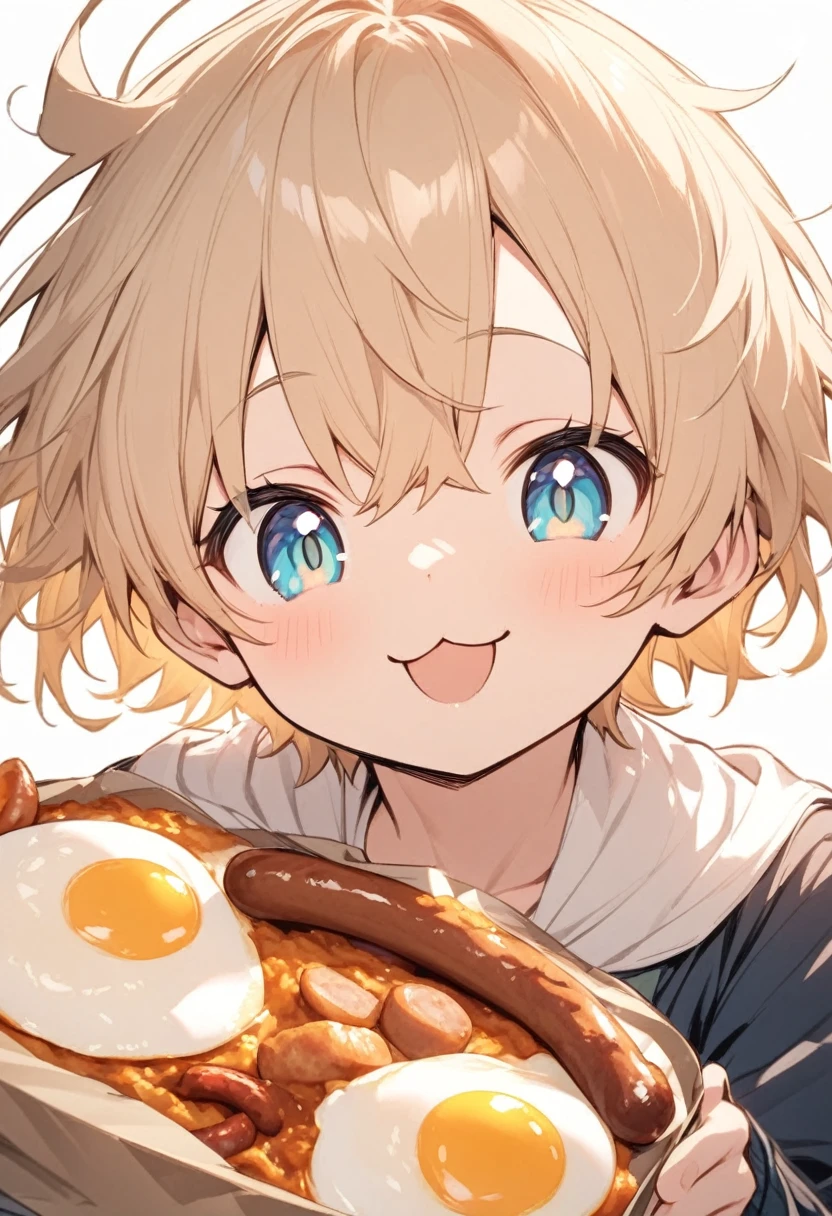 Fried Eggs, sausage, His eyes lit up when he saw the fried eggs, :3, His happy face, so cute