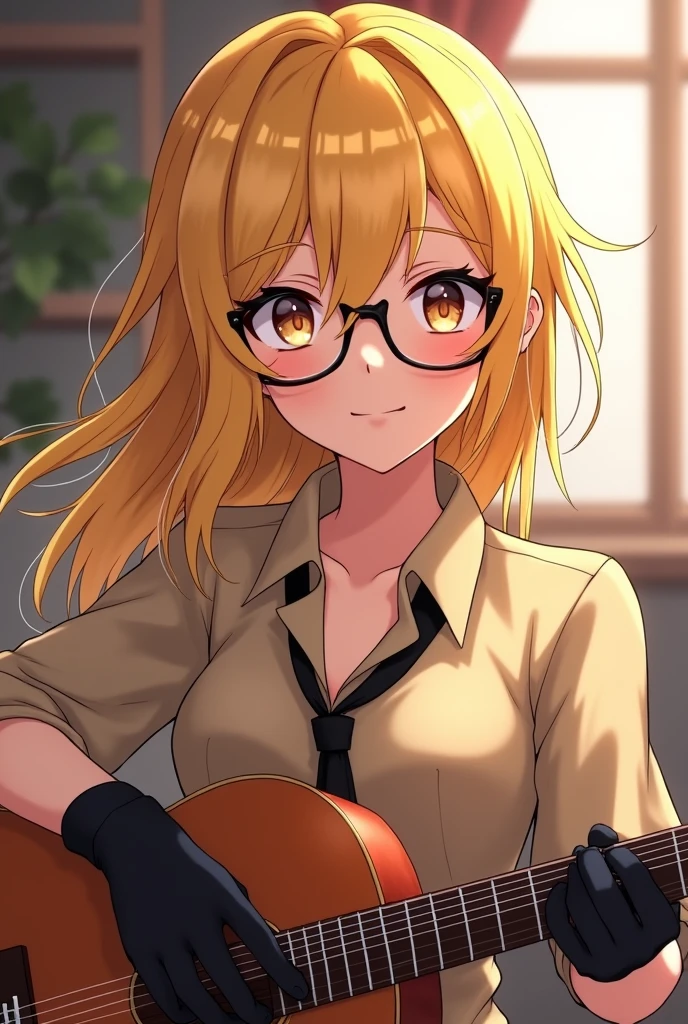 Anime blonde hair with glasses, beige shirt and black gloves and a brown guitar 