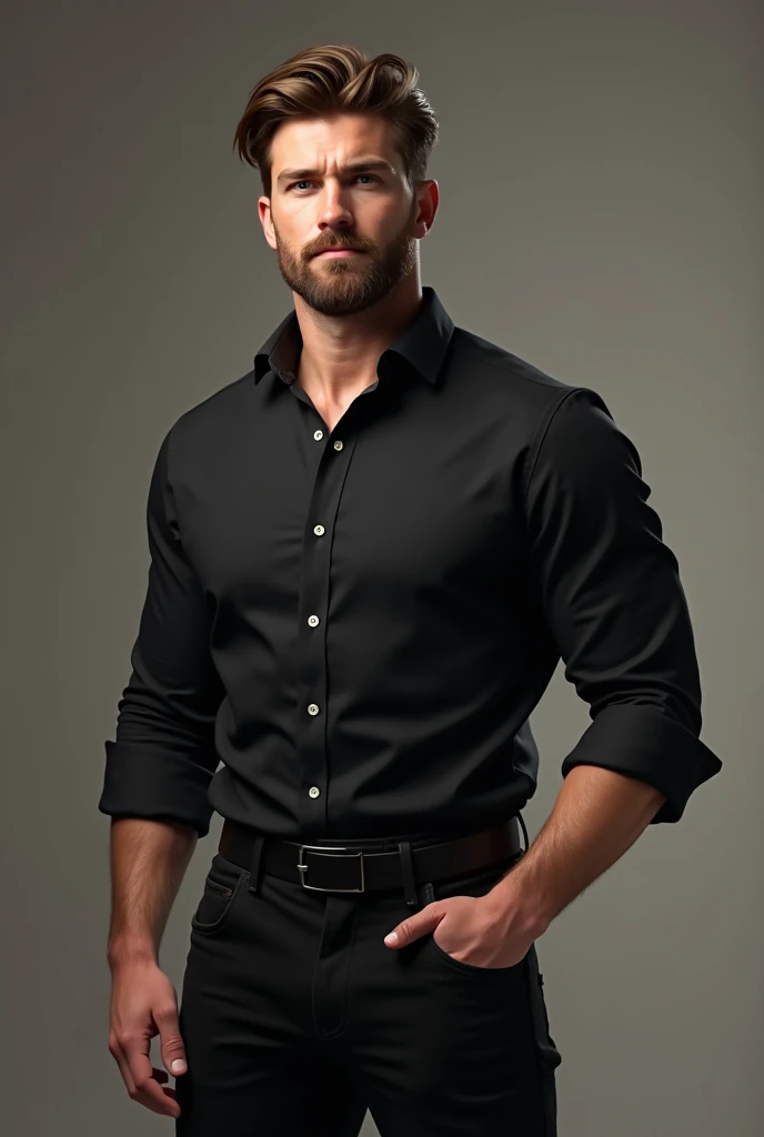 create a tall man who is strong, but not so much, Let it be noted that he goes to the gym, with brown hair, and white complexion, Wear a black button-down shirt that is rolled up to the elbows and black pants, that has a light beard shadow and light brown eyes