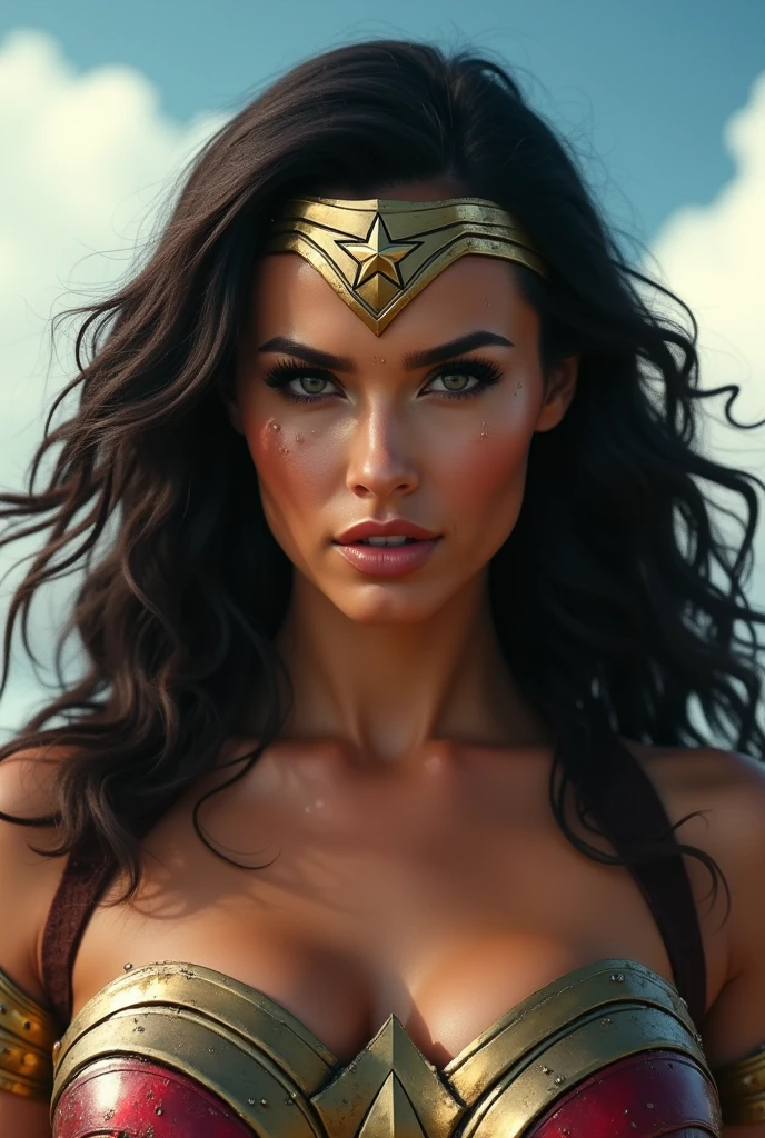 A highly detailed close-up of a powerful female superhero, inspired by Wonder Woman, with an upward camera angle to emphasize her dominance and strength. The character has striking features similar to Gal Gadot, with dark, wavy hair framing her intense face. She is wearing a golden tiara with a star in the center, characteristic of Wonder Woman. Her expression is fierce and focused, with her lips slightly bitten, conveying determination and resolve. Drops of sweat are visible on her skin, adding realism and indicating recent physical exertion. She is dressed in her iconic armor, with visible golden and red details on her chest. The background features a partially cloudy sky, creating a strong contrast that highlights the superhero's figure against the soft, natural light. The overall mood of the image is one of heroic strength and resilience, capturing the essence of a warrior ready for action.