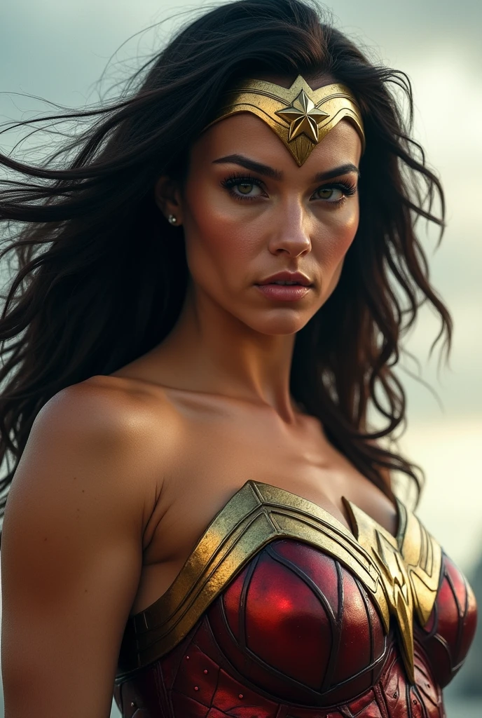 A highly detailed close-up of a powerful female superhero, inspired by Wonder Woman, with an upward camera angle to emphasize her dominance and strength. The character has striking features similar to Gal Gadot, with dark, wavy hair framing her intense face. She is wearing a golden tiara with a star in the center, characteristic of Wonder Woman. Her expression is fierce and focused, with her lips slightly bitten, conveying determination and resolve. Drops of sweat are visible on her skin, adding realism and indicating recent physical exertion. She is dressed in her iconic armor, with visible golden and red details on her chest. The background features a partially cloudy sky, creating a strong contrast that highlights the superhero's figure against the soft, natural light. The overall mood of the image is one of heroic strength and resilience, capturing the essence of a warrior ready for action.