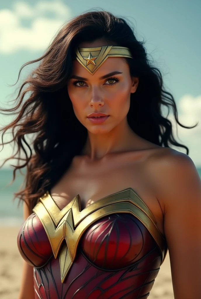 A highly detailed close-up of a powerful female superhero, inspired by Wonder Woman, with an upward camera angle to emphasize her dominance and strength. The character has striking features similar to Gal Gadot, with dark, wavy hair framing her intense face. She is wearing a golden tiara with a star in the center, characteristic of Wonder Woman. Her expression is fierce and focused, with her lips slightly bitten, conveying determination and resolve. Drops of sweat are visible on her skin, adding realism and indicating recent physical exertion. She is dressed in her iconic armor, with visible golden and red details on her chest. The background features a partially cloudy sky, creating a strong contrast that highlights the superhero's figure against the soft, natural light. The overall mood of the image is one of heroic strength and resilience, capturing the essence of a warrior ready for action.