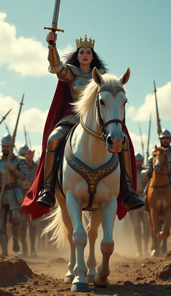 Close-up shot, Low angle shot, (Queen Tamar, A regal Queen Tamar of Georgia, a striking figure with flowing dark hair and a finely crafted gold crown embedded with jewels”, rides a majestic white horse across the battlefield, her armor gleaming in the sunlight. She holds a bloodstained sword aloft, a symbol of her triumph. The tigers walk beside her, now calm and regal, as if they too are aware of the victory. Georgian soldiers cheer and raise their weapons in the background, celebrating their hard-won success. The battlefield is littered with signs of the struggle—fallen soldiers, broken weapons—but the overall mood is one of triumph and dominance, with the sky clearing to a bright blue, symbolizing a new day of glory for Georgia.) unreal engine, cinematic, hyper-real, highly detailed, Ultra realistic HD --q 2 --v 6.1 --ar 9:16