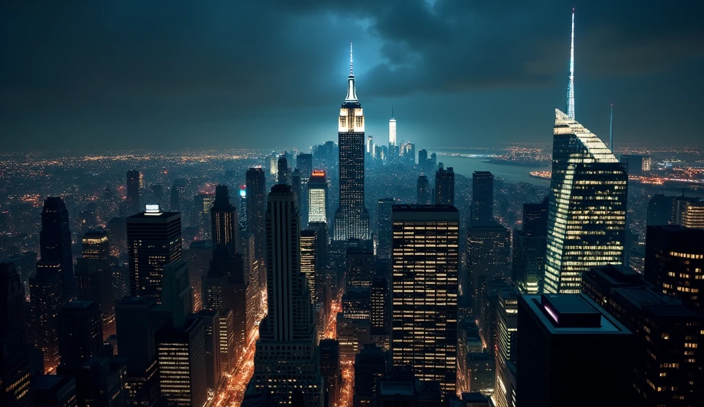 a dramatic backdrop of New York City at night, with the Empire State Building prominently visible in the background. This instantly connects the viewer to the iconic climax of the film.