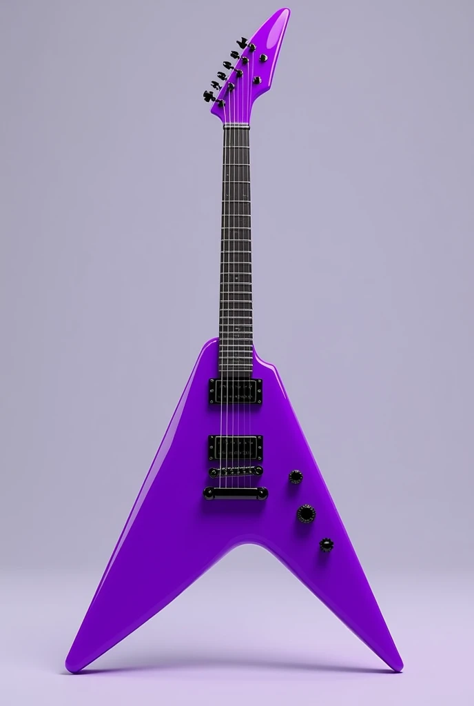 A purple, pointy, triangular guitar that is lively