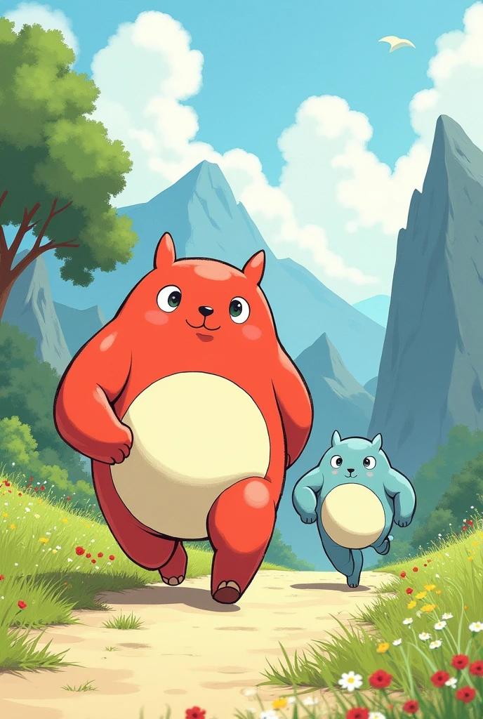 draw to pencil and create two cute characters, they must be formless non-human beings like studio ghibli . Strength and Movement they are friends adventurers and super brave. Strength robust red and Movement light blue, these on a fantastic land with forests, mountains and flowers, with running poses