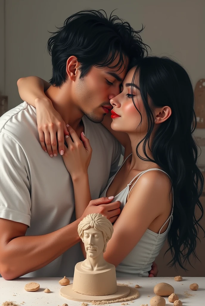 a couple consisting of a pale woman with blue eyes and jet black hair with a handsome man with a shaped body with jet black hair and dark blue eyes, making a clay figure, The two are hugging each other while shaping the figure