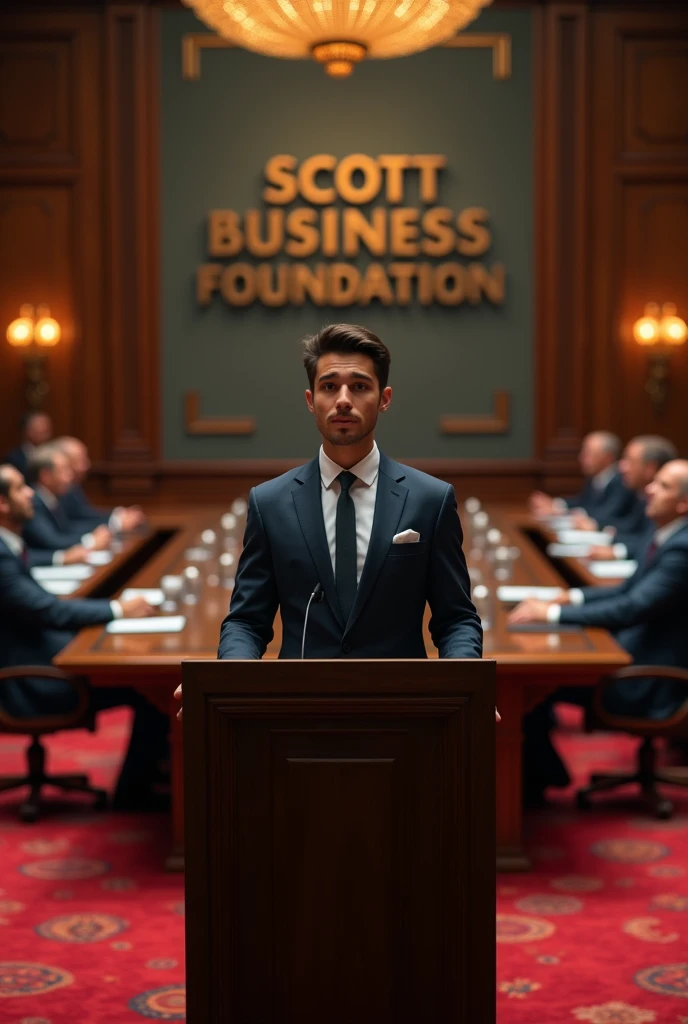 A young Chief Managing Director addressing his board members,where he stands there are red carpets exquisite ones,he also speaks on a podium/platform written Scott Business Foundation more professional I don't want anybody to block himI want to see the face