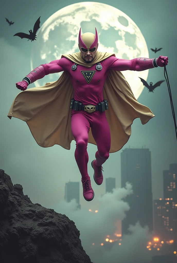 Malaysia man in high-tech suit, vivid effects, malaysian superhero (KELUANG MAN)(( in a striking pink and beige costume cyberpunk design, mask small mini bat ear beige, daredevil beige mask, ))jumpsuit dark pink stands confidently in a dramatic.jumping from high place.hero costume.one hand rise up. Big triangle logo on the chest.high detail Punisher logo on the chest. Fighting pose , stormy landscape. ((Head covered node guard like batman. Running pose , athletic body type, small mini ear bat mask))The character wears domino mask a helmet with pointed mini torn ears and a flowing cape biege, open nose and mouth. Equipped with visible futuristic weapons on a belt,bullet proof jacket pink dark day.show fingers pose, dark night, big supermoon effect . Small logo on chest triangle shape small punisher logo center(( skull triangle Casey Jones mask shape logo)) center on chest pink logo mini logo . rocky. Building top.smoke ground.((jumping from the building Man hangging on the black rope)) , bomb effect background, losse pants, losses costume.adding to --ar 3:4 --style raw --stylize 500 --v 6.1. chaos. Lot of small flying bat. One leg on the high stone. Man. Wear hologram watch.. Real man age 40 year old. One hand holding belt.one hand holding black rope hanging on building. Big pant pink. Beige cape joodie.(( Loose pant)) , jump on high building)marvel , X-Men.