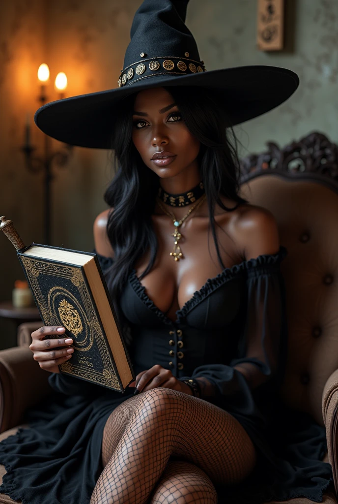 Dark skin female gothic with a witch hat and wearing a black dress and black fish net thigh highs, holding a wand while holding a spell book while sitting in the living room.