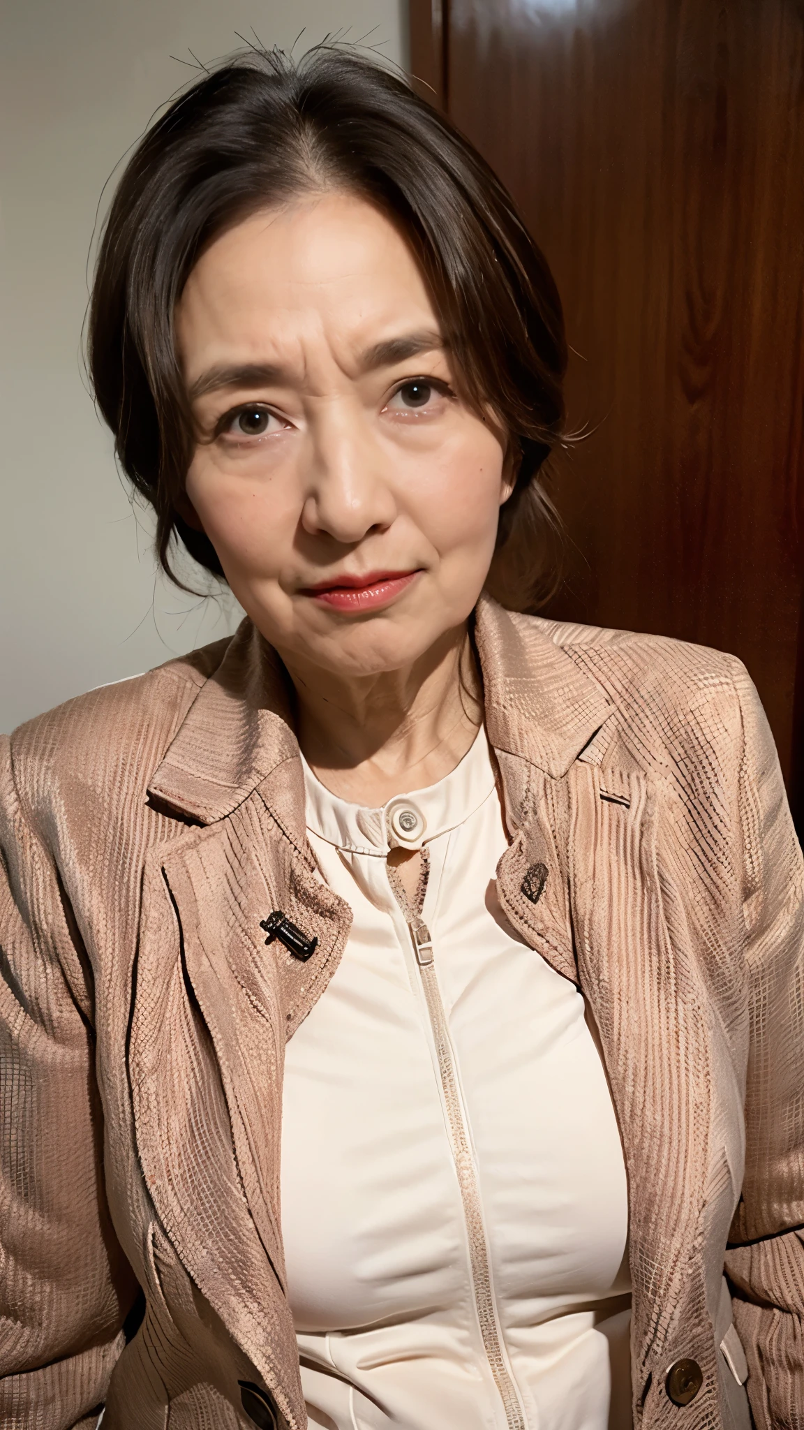 masterpiece, ((Depth of written boundary)), 32K, Beautiful finish, Face close-up, Beautiful mature woman, 90-year-old woman, Photo of your ID, Business operator, chief executive officer(chief executive officer(CEO)), View from the front, angry gaze, Cool look, Red lips, Thin lips, Wear a suit over a flashy bra, Light from the front,