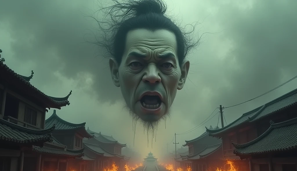 Top quality, masterpiece, big head floating in the sky, sky background of old oriental small town, burning town, detailed image texture, creepy, horror, creepy atmosphere (not AI image), cloudy weather, low color image, creepy, image from a distance, delicate skin expression, wrinkled skin, colorless skin (grayish), black tangled topknot hair, monster face