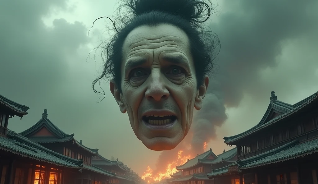 Top quality, masterpiece, big head floating in the sky, sky background of old oriental small town, burning town, detailed image texture, creepy, horror, creepy atmosphere (not AI image), cloudy weather, low color image, creepy, image from a distance, delicate skin expression, wrinkled skin, colorless skin (grayish), black tangled topknot hair, monster face