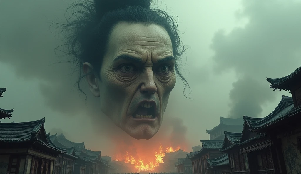 Top quality, masterpiece, big head floating in the sky, sky background of old oriental small town, burning town, detailed image texture, creepy, horror, creepy atmosphere (not AI image), cloudy weather, low color image, creepy, image from a distance, delicate skin expression, wrinkled skin, colorless skin (grayish), black tangled topknot hair, monster face