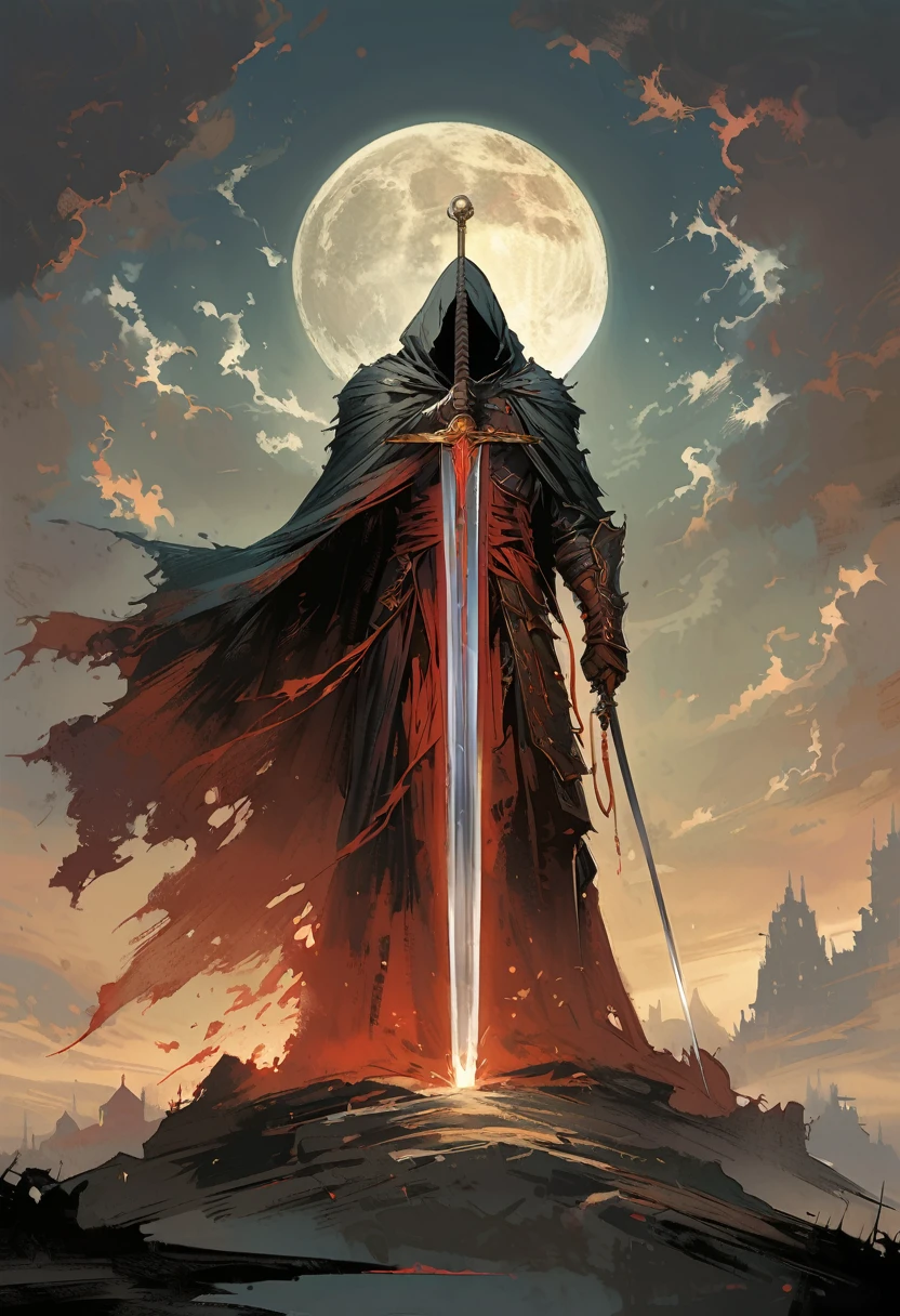 A huge sword with its tip pointing upwards in front of a black cloak, Dark fantasy illustration with dark sky and bright moon in the background, In the style of Yoji Shinkawa.