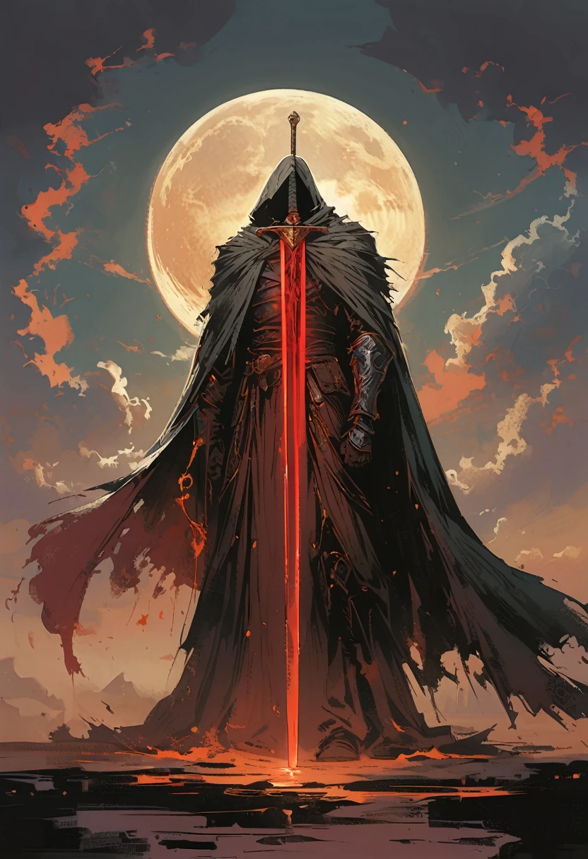 A huge sword with its tip pointing upwards in front of a black cloak, Dark fantasy illustration with dark sky and bright moon in the background, In the style of Yoji Shinkawa.