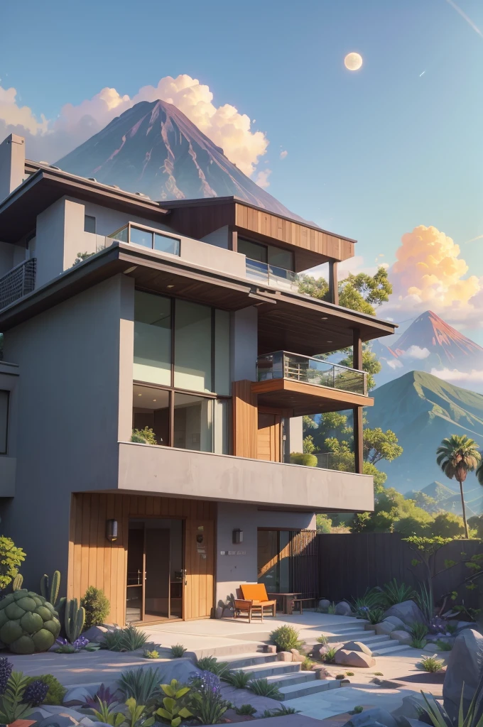 small and beautiful modern house in top of big boulders, terraces, pool, stairs, multiple cacti gardens, palms, trees, rocks, beautiful landscape design, mountains and volcano y background, amazing clouds, sun, moon, planets, milky way galaxy, concrete, wood, glass and steel materials, olive green, violet, orange and withe colors in facade