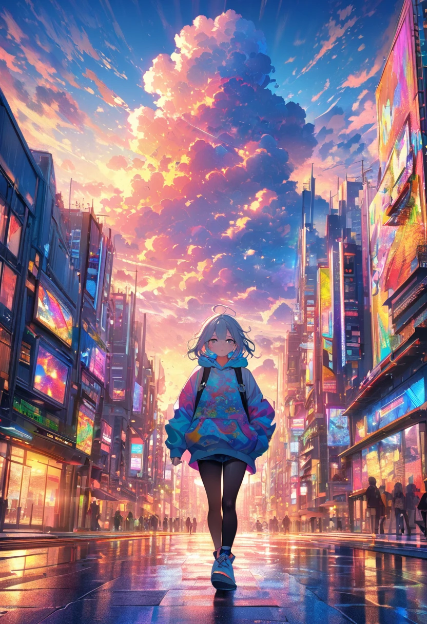 angelic, detailed woman who is walking, woman wearing hoodie, highest billding in city, road, sunrise, horizon, skyline, in the sky, city of clouds, colorful, high-res, 8K