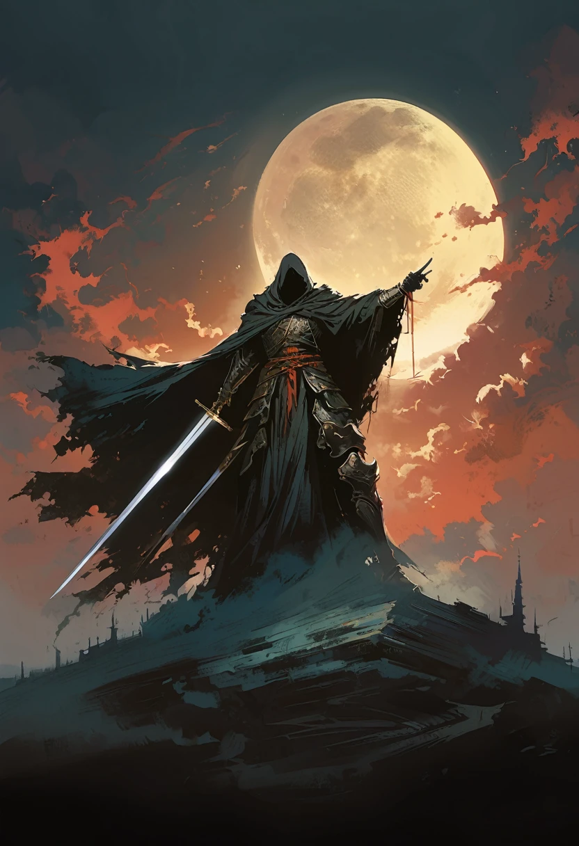A huge sword with its tip pointing upwards in front of a black cloak, Dark fantasy illustration with dark sky and bright moon in the background, In the style of Yoji Shinkawa.