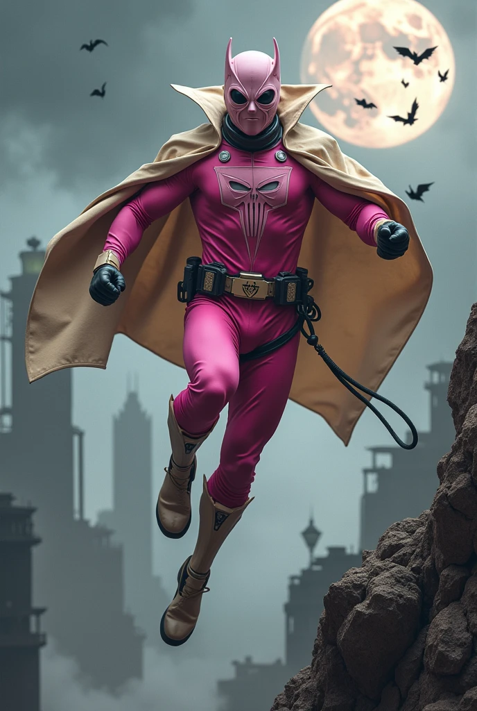 Malaysia man in high-tech suit, vivid effects, malaysian superhero (KELUANG MAN)(( in a striking pink and beige costume cyberpunk design, mask small mini bat ear beige, daredevil beige mask, ))jumpsuit dark pink stands confidently in a dramatic.jumping from high place.hero costume.one hand rise up. Big triangle logo on the chest.high detail Punisher logo on the chest. Fighting pose , stormy landscape. ((Head covered node guard like batman. Running pose , athletic body type, small mini ear bat mask))The character wears domino mask a helmet with pointed mini torn ears and a flowing cape biege, open nose and mouth. Equipped with visible futuristic weapons on a belt,bullet proof jacket pink dark day.show fingers pose, dark night, big supermoon effect . Small logo on chest triangle shape small punisher logo center(( skull triangle Casey Jones mask shape logo)) center on chest pink logo mini logo . rocky. Building top.smoke ground.((jumping from the building Man hangging on the black rope)) , bomb effect background, losse pants, losses costume.adding to --ar 3:4 --style raw --stylize 500 --v 6.1. chaos. Lot of small flying bat. One leg on the high stone. Man. Wear hologram watch.. Real man age 40 year old. One hand holding belt.one hand holding black rope hanging on building. Big pant pink. Beige cape joodie.(( Loose pant)) , jump on high building)marvel , X-Men.