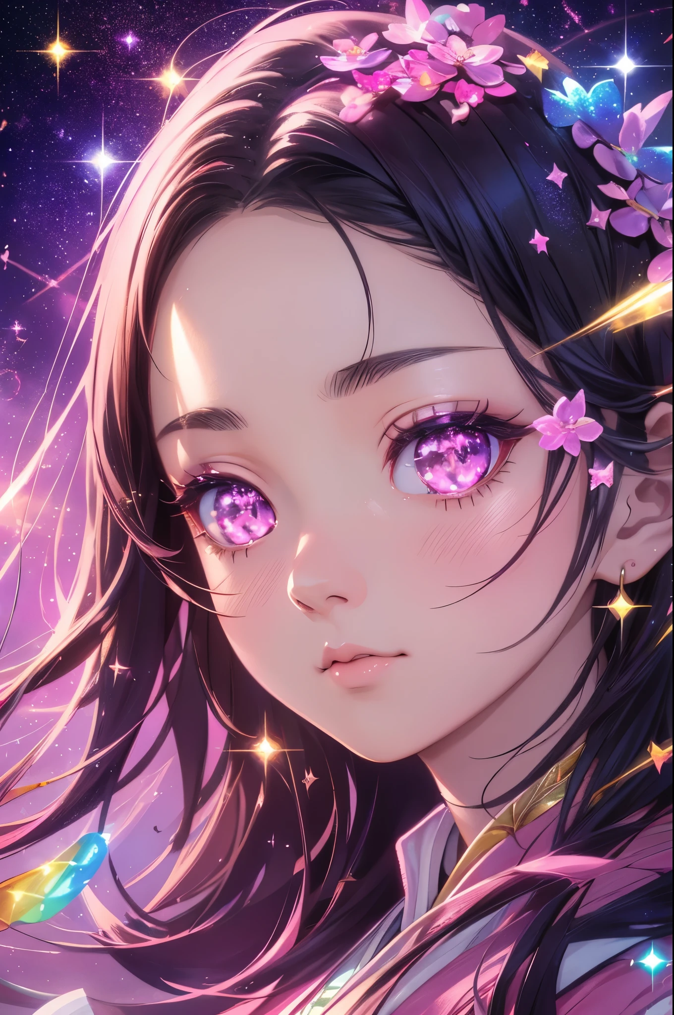 Nezuko from demon slayer. a young woman with long dark hair, (pink eyes), beautiful detailed eyes, beautiful detailed lips, extremely detailed face, longeyelashes, wearing a pink kimono, (best quality,4k,8k,highres,masterpiece:1.2),ultra-detailed,(realistic,photorealistic,photo-realistic:1.37),digital painting,exquisite detail,intricate details,highly detailed,vivid colors,warm lighting,cinematic lighting,dramatic lighting, iridescence, dramatic angle, space, (floating colorful sparkles:1.3), Dramatic Lighting, Chiaroscuro, Evocative Depth, Face Portrait, Close up, ulzzang, 