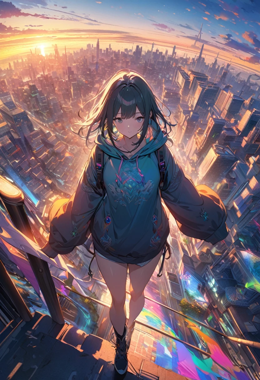 Create exquisite illustrations reminiscent of Makoto Shinkai's style, It has ultra-fine details and top-notch quality. angelic, detailed woman who is walking, woman wearing hoodie, highest billding in city, road, sunrise, horizon, skyline, in the sky, city of clouds, colorful, high-res, 8K